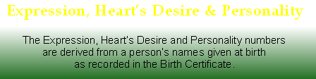 The Expression, Heart’s Desire and Personality numbers 
are derived from a person’s names given at birth 
as recorded in the Birth Certificate.